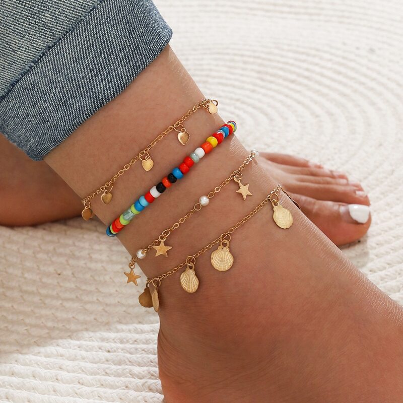 

4pcs Star & Heart Charm Anklet, Multicolor