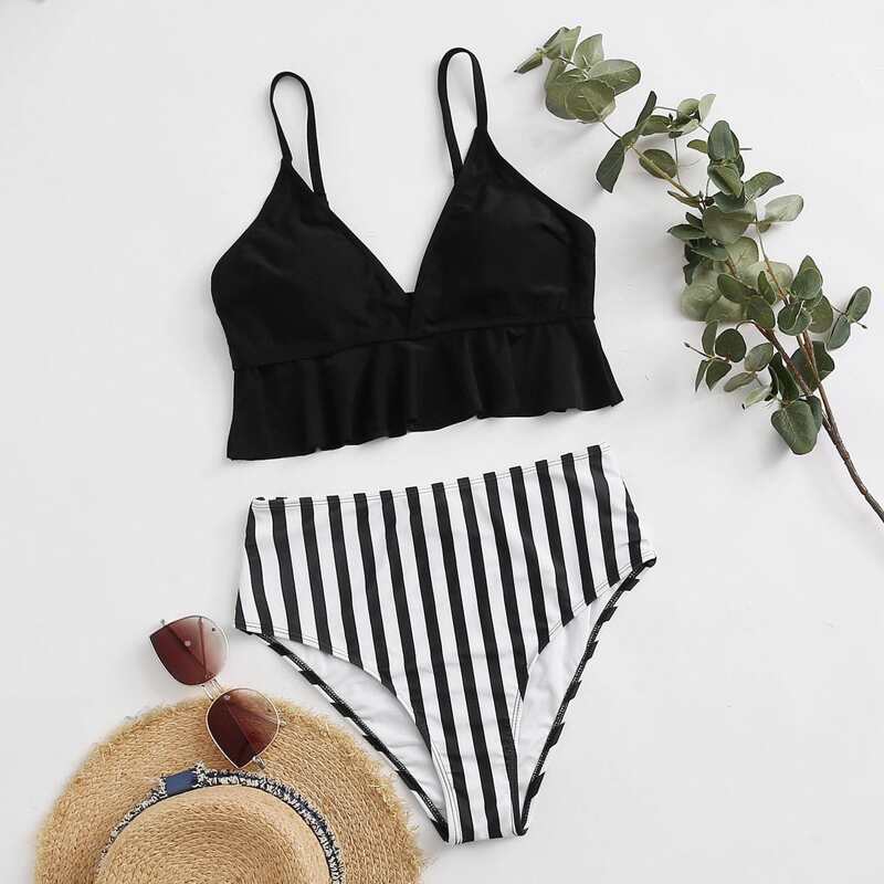

Striped Ruffle Hem High Waisted Bikini Swimsuit, Black and white