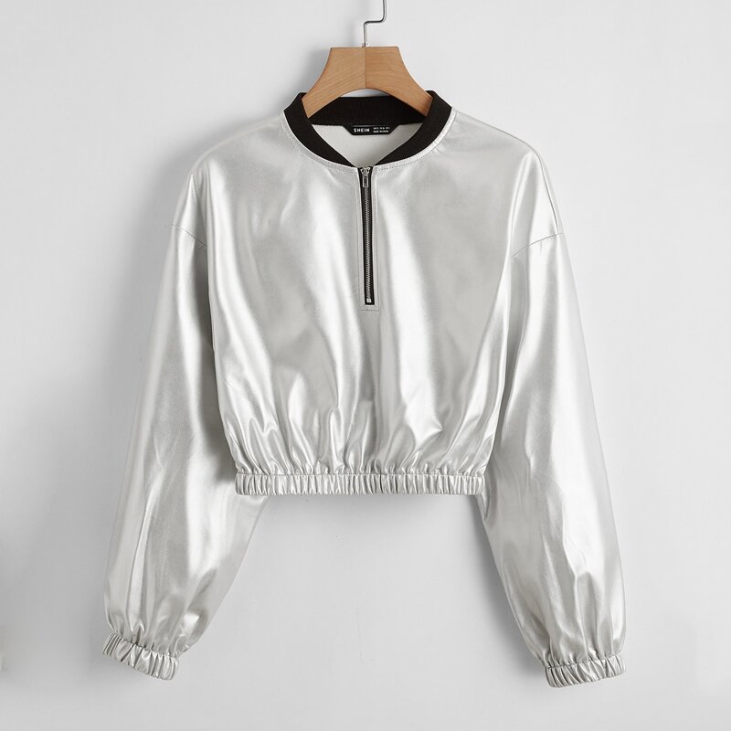 

Zip Half Placket Metallic Jacket, Silver