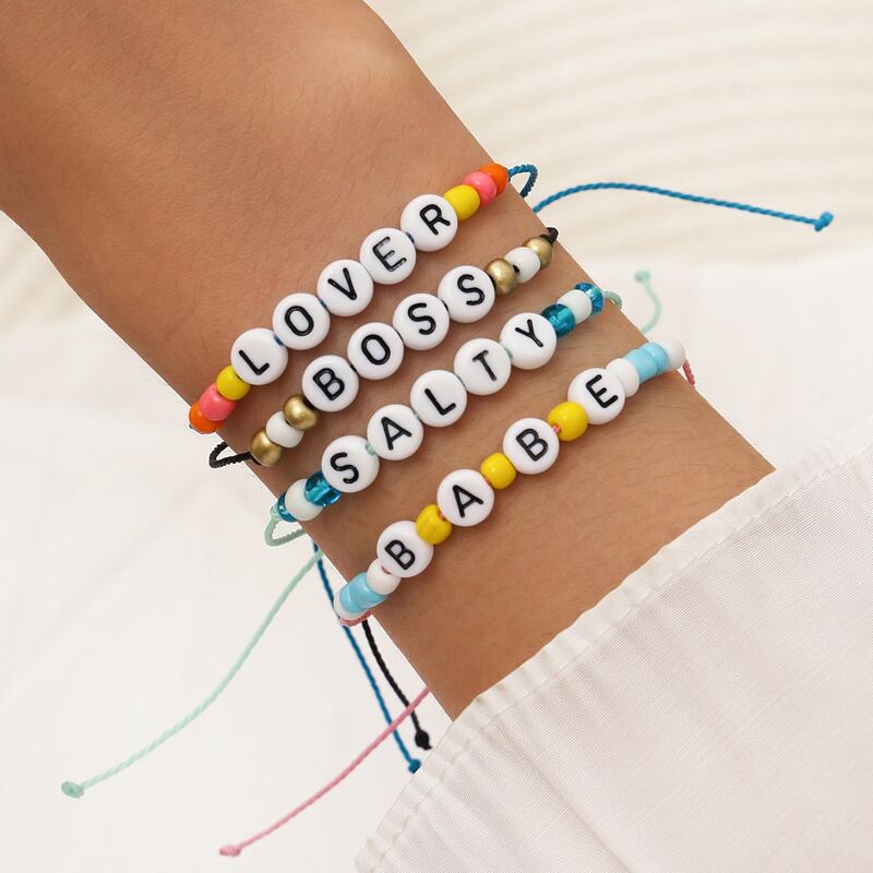 

4pcs Letter Beaded Cord Bracelet, Multicolor