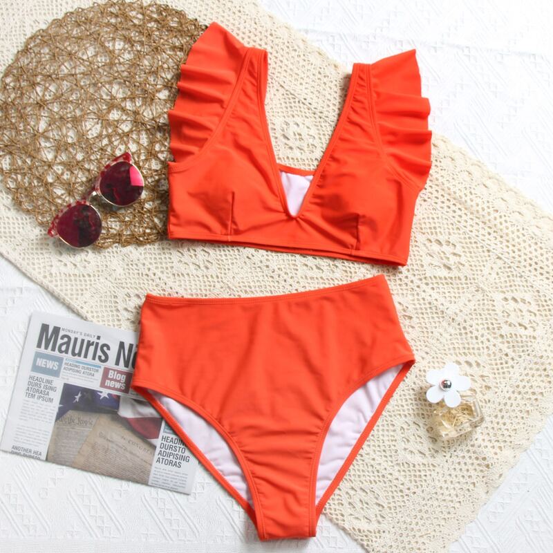 

Ruffle Trim High Waisted Bikini Swimsuit, Orange bright