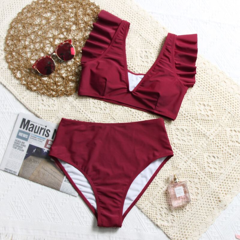 

Ruffle Trim High Waisted Bikini Swimsuit, Burgundy