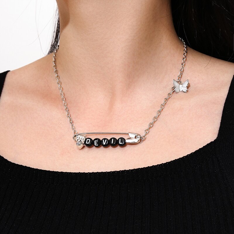 

Letter & Skull Chain Necklace, Silver