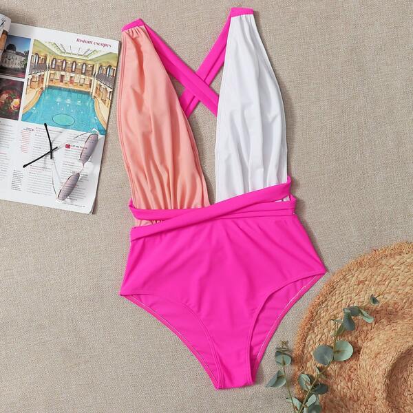 

Color Block Cross Back Plunging One Piece Swimsuit, Multicolor