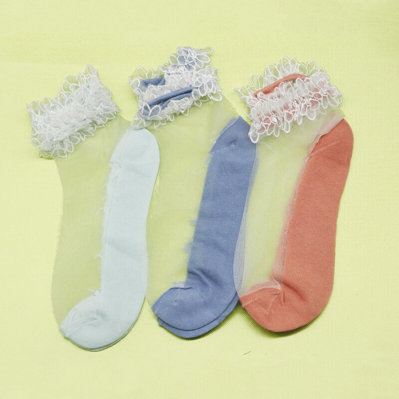 

3pairs Floral Trim Mesh Socks, Multicolor