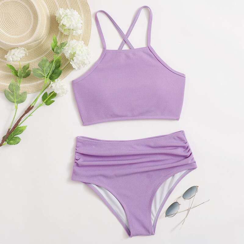 

Ribbed Lace-up High Waist Bikini Swimsuit, Lilac purple