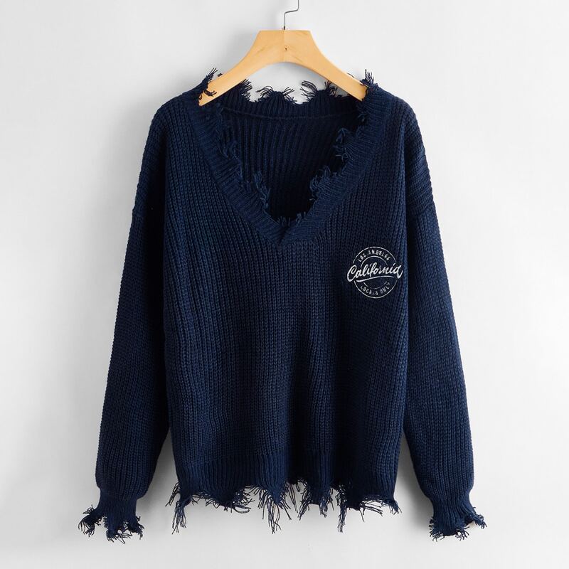 

Letter Graphic Raw Trim Sweater, Navy blue