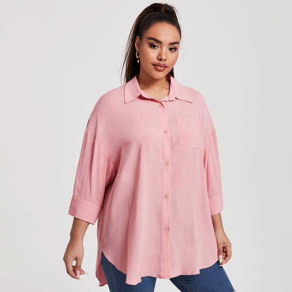 

Plus Drop Shoulder Curved Hem Blouse, Coral pink