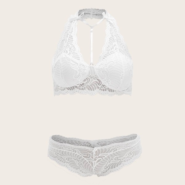 

Plus Floral Lace Halter Lingerie Set, White