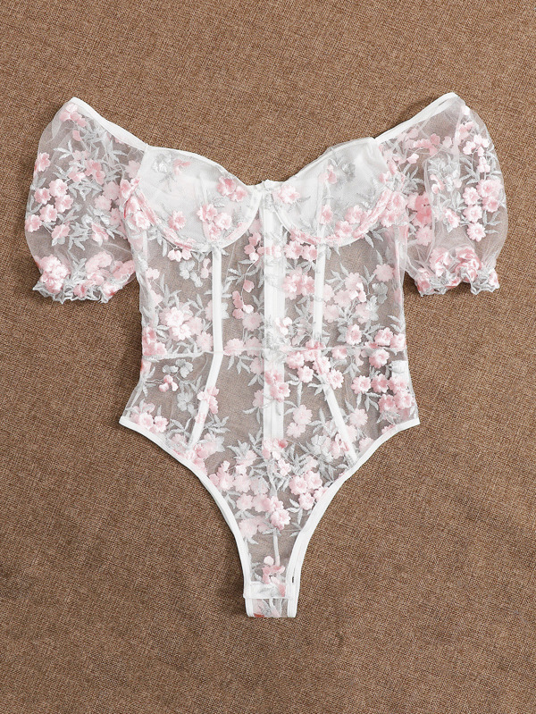 Flower Embroidered Mesh Bustier Bodysuit SHEIN USA