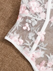 Flower Embroidered Mesh Bustier Bodysuit - White - View 5