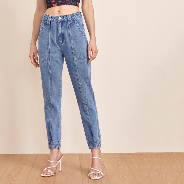 

Foldover Hem Paneled Tapered Jeans, Light wash