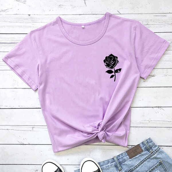 

Floral Print Round Neck Tee, Lilac purple