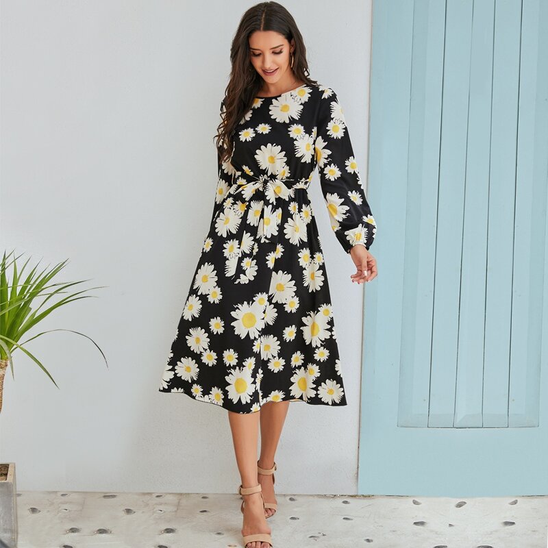 

Daisy Floral Belted A-Line Dress, Multicolor