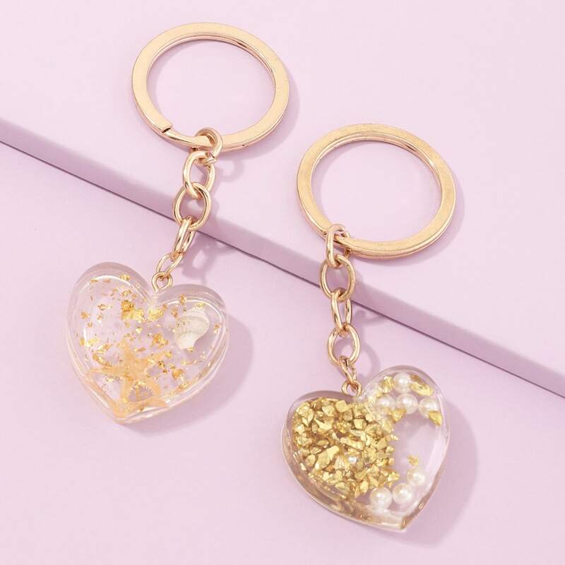 

2pcs Faux Pearl Decor Heart Charm Keychain, Multicolor