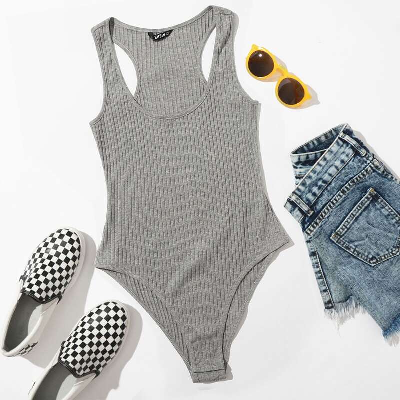 

Rib-knit Tank Bodysuit, Grey