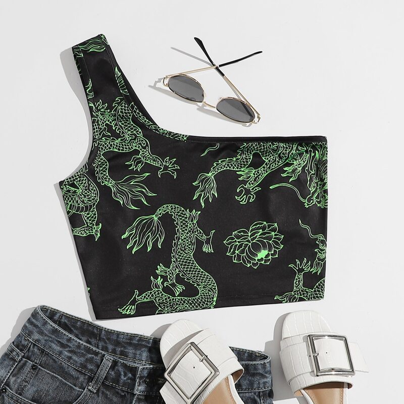 

One Shoulder Dragon Print Top, Black