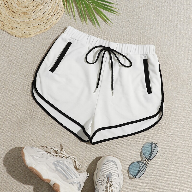 

Tie Waist Contrast Binding Dolphin Shorts, White