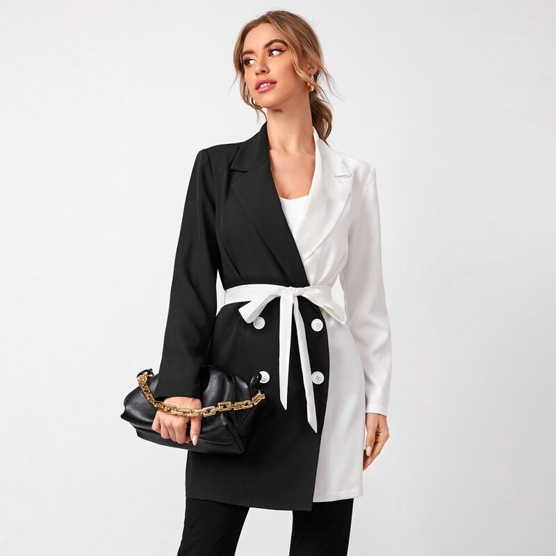 

Double Button Belted Color Block Blazer, Black and white