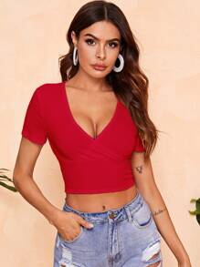 SHEIN Essnce Surplice Neck Rib-knit Crop Top - Red - View 1