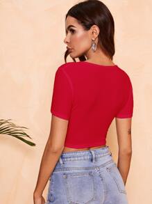 SHEIN Essnce Surplice Neck Rib-knit Crop Top - Red - View 2