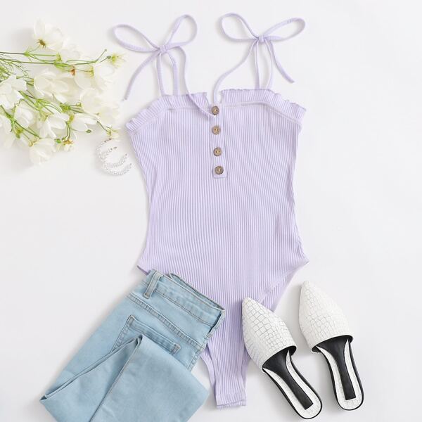 

Tie Shoulder Lettuce Trim Button Front Rib-knit Bodysuit, Lilac purple