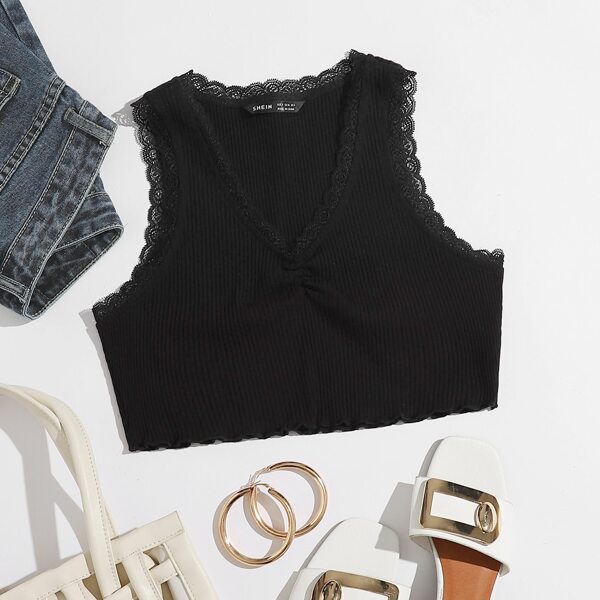 

Lace Trim Rib-knit Ruched Front Tank Top, Black