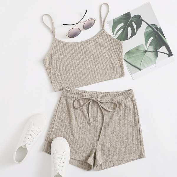 

Rib-knit Cami Top and Knot Front Shorts Set, Khaki