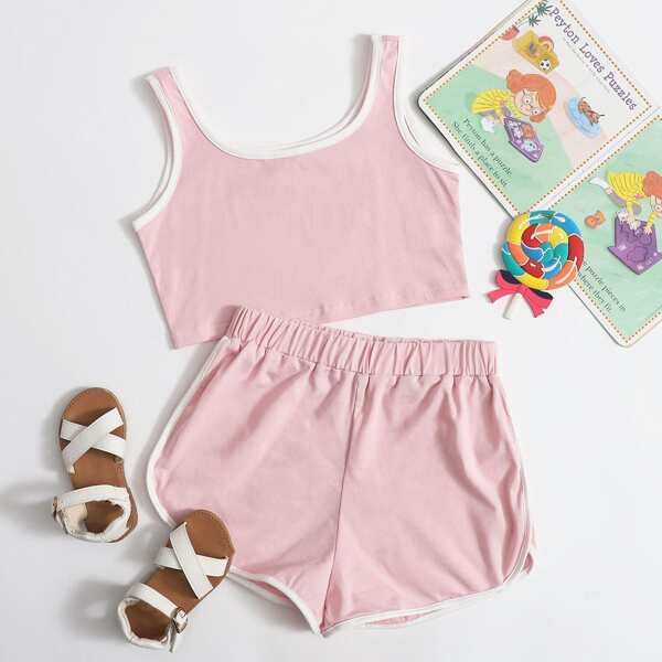 

Girls Contrast Binding Tank Top and Dolphin Shorts Set, Baby pink