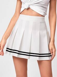 SHEIN Qutie Striped Hem Pleated Skirt - White - View 1