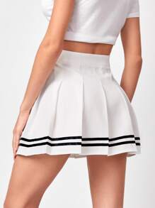SHEIN Qutie Striped Hem Pleated Skirt - White - View 2