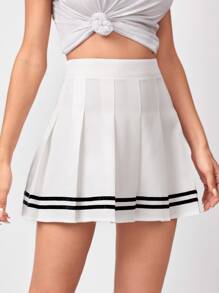 SHEIN Qutie Striped Hem Pleated Skirt - White - View 4
