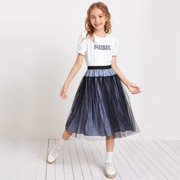 

Girls Letter Embroidered Top & Mesh Overlay Skirt Set, Multicolor