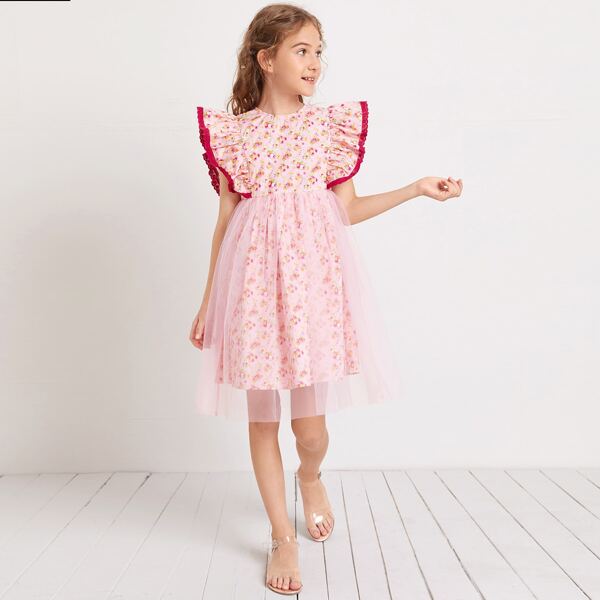 

Girls Eyelet Embroidered Ruffle Trim Mesh Overlay Dress, Baby pink
