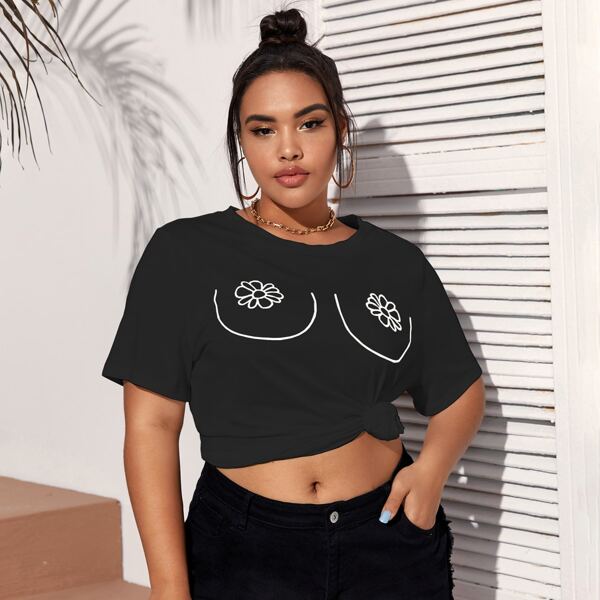 

Plus Floral Print Short Sleeve Tee, Black