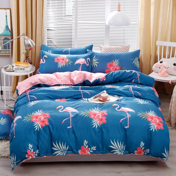 

Flamingo Print Bedding Set Without Filler, Blue