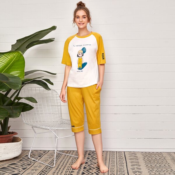 

Cartoon & Letter Graphic PJ Set, Multicolor
