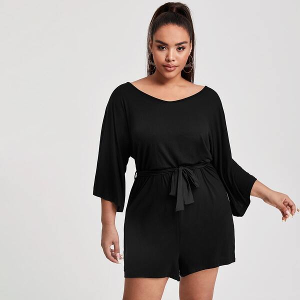 

Plus Batwing Sleeve Self Tie Romper, Black