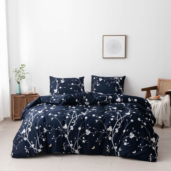 

Flower Print Bedding Set Without Filler, Blue