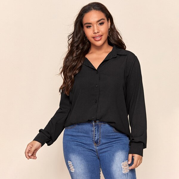 

Plus Button Through Dip Hem Blouse, Black