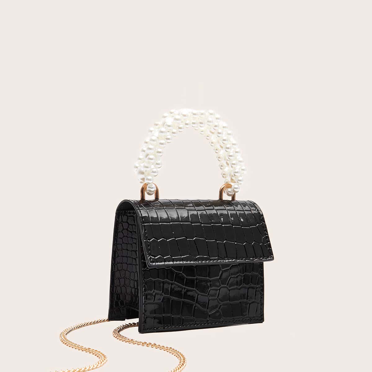 

Mini Faux Pearl Decor Croc Embossed Satchel Bag, Black