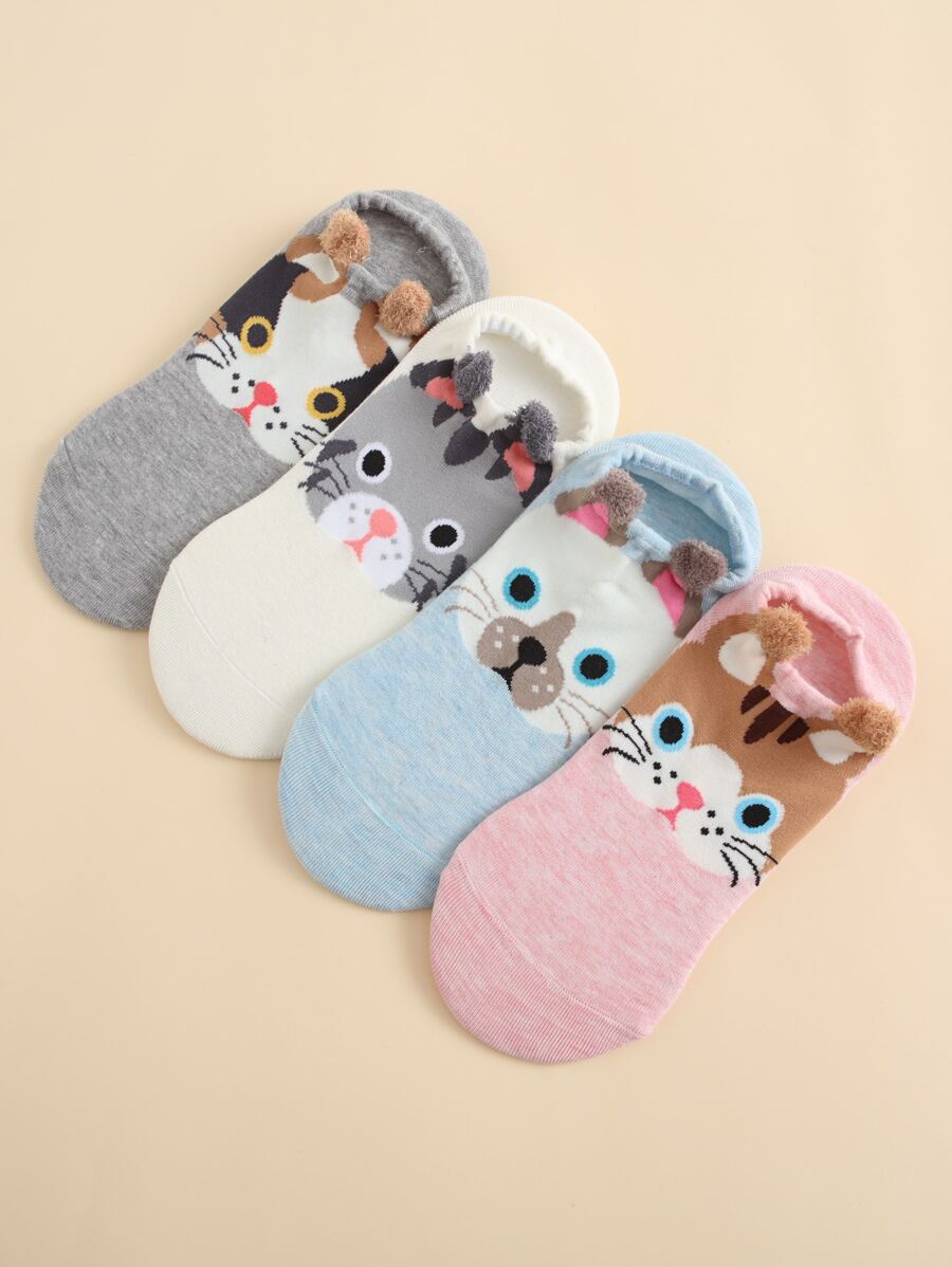 4雙卡通圖案襪子 - 彩色 - 查看 1