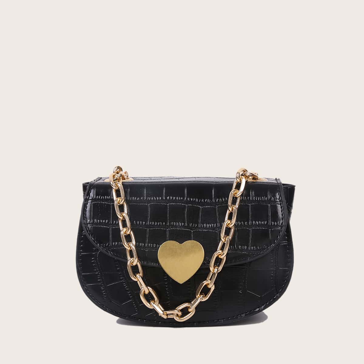 

Heart Croc Embossed Chain Satchel Bag, Black