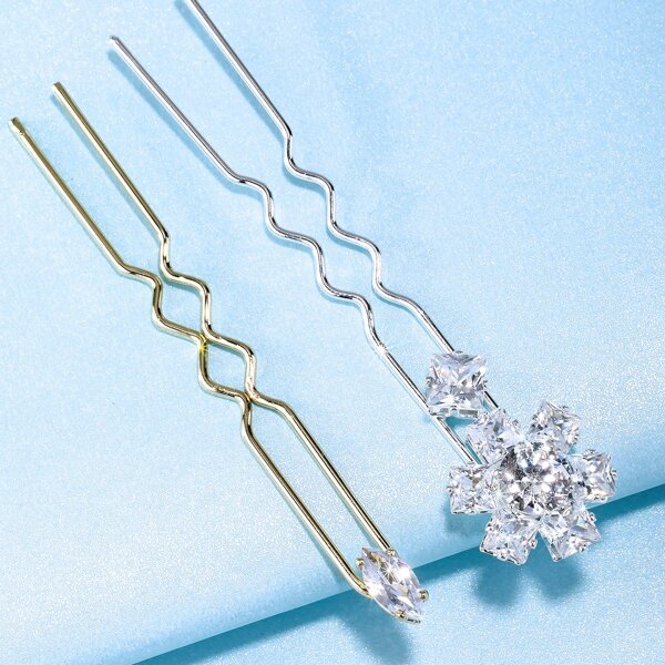 

2pcs Rhinestone Decor Hairpin, Silver