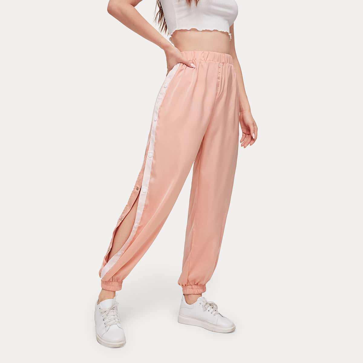 

Contrast Tape Split Side Pants, Baby pink