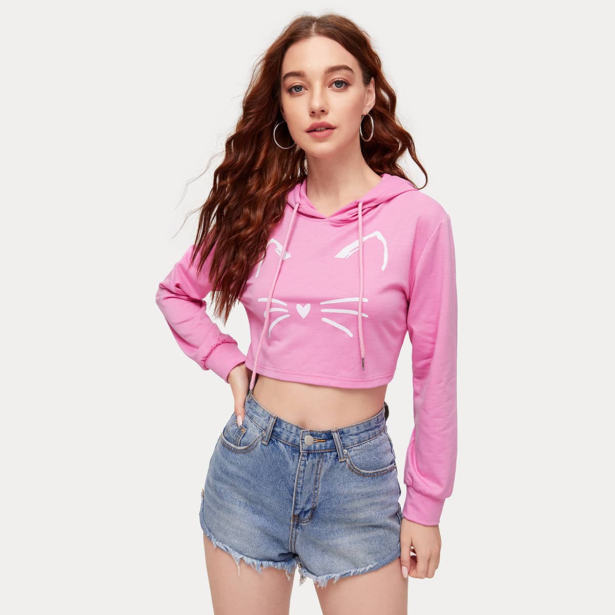 

Cartoon Graphic Hooded Sweatshirt, Baby pink