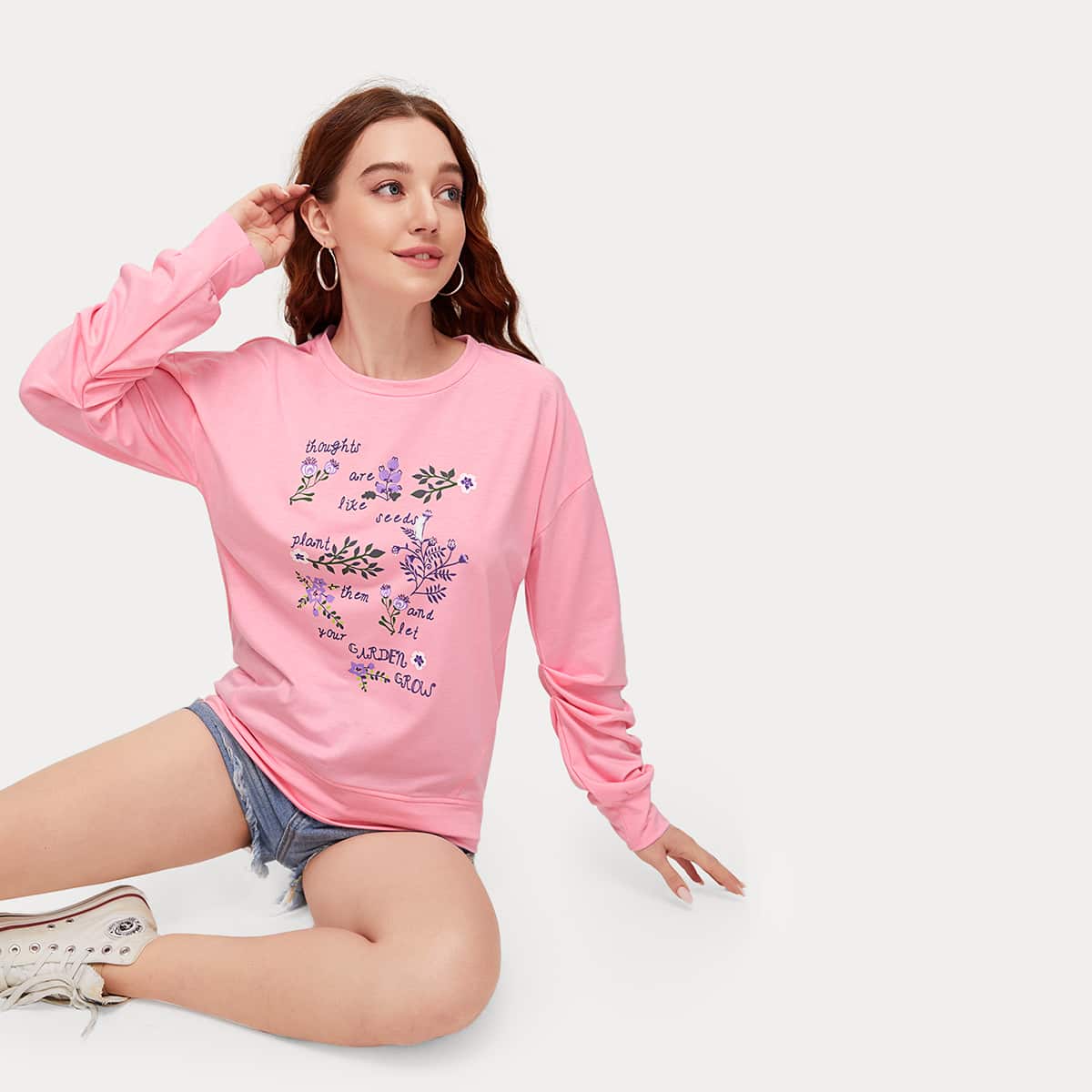 

Plants & Letter Graphic Sweatshirt, Baby pink