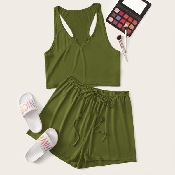 

Plus V-cut Tank Top & Tie Front Shorts Pajama Set, Army green