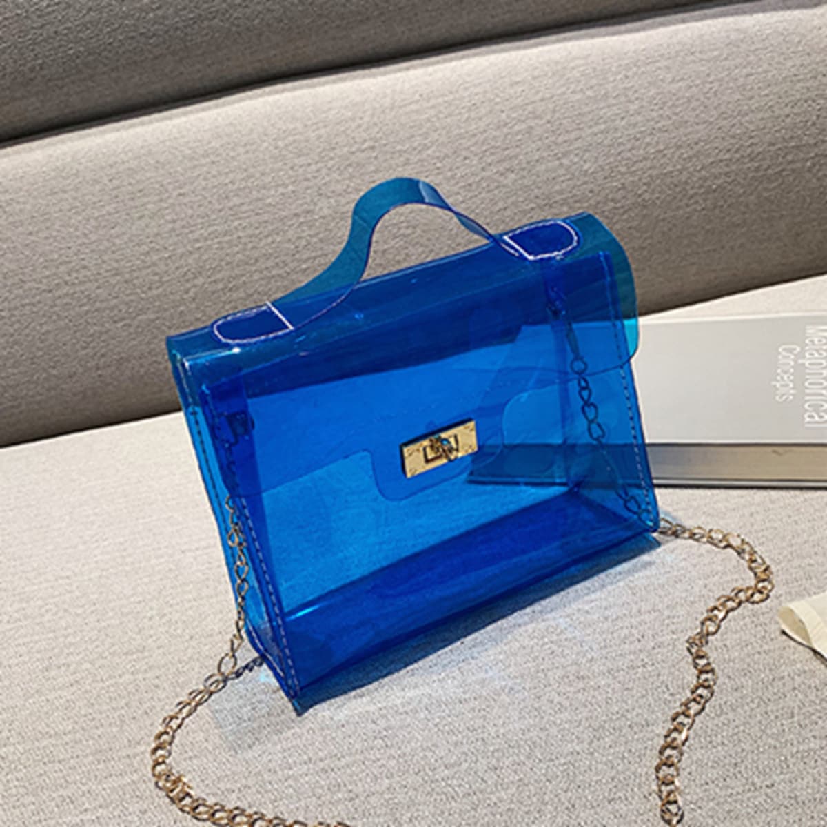 

Clear Chain Satchel Bag, Blue clear