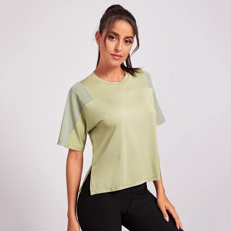 

Cut And Sew Split Hem Sports Tee, Lime green